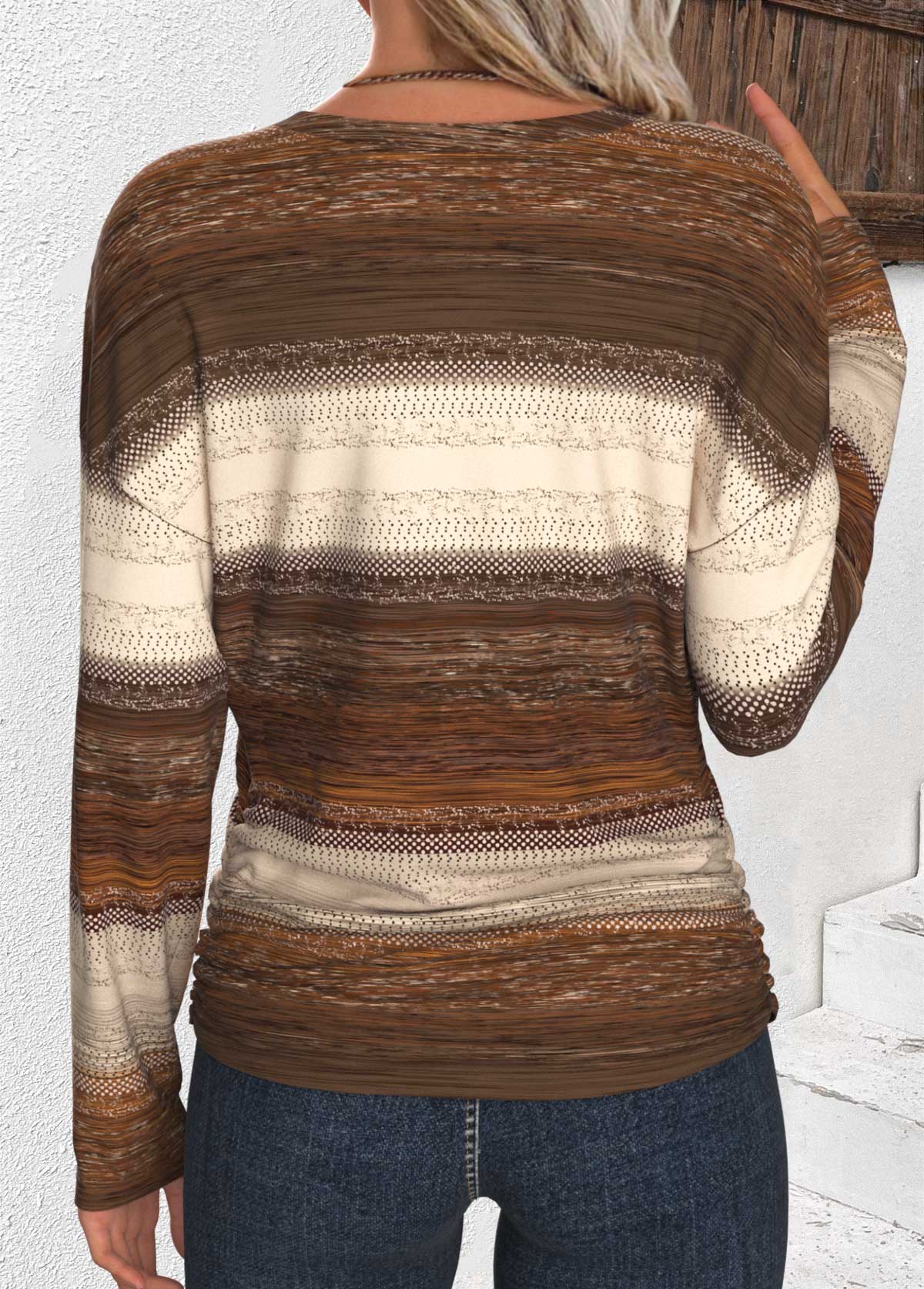 Multi Color Shirred Tribal Print Long Sleeve T Shirt | picture 