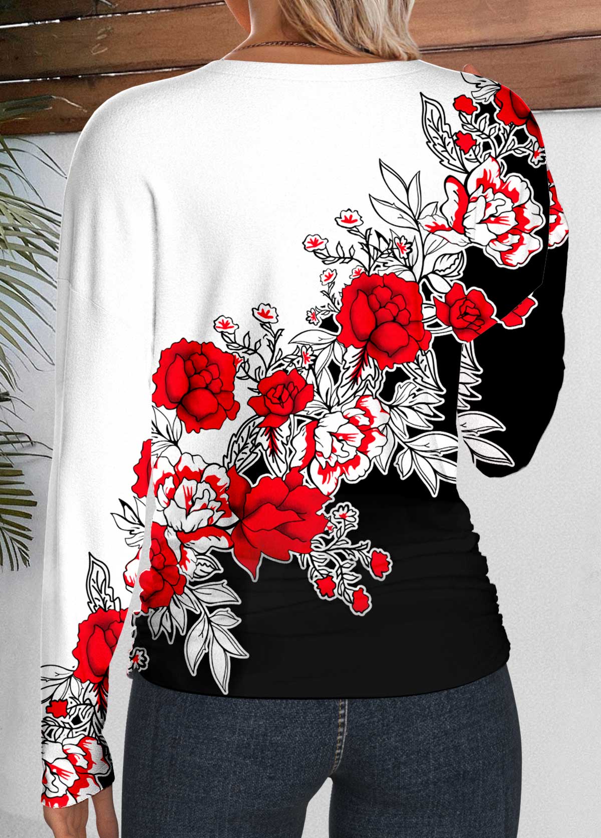 Multi Color Shirred Floral Print Long Sleeve T Shirt | picture 