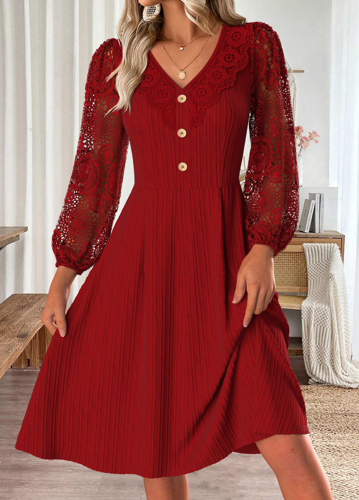 Red Tummy Coverage Long Sleeve V Neck Dress | picture 