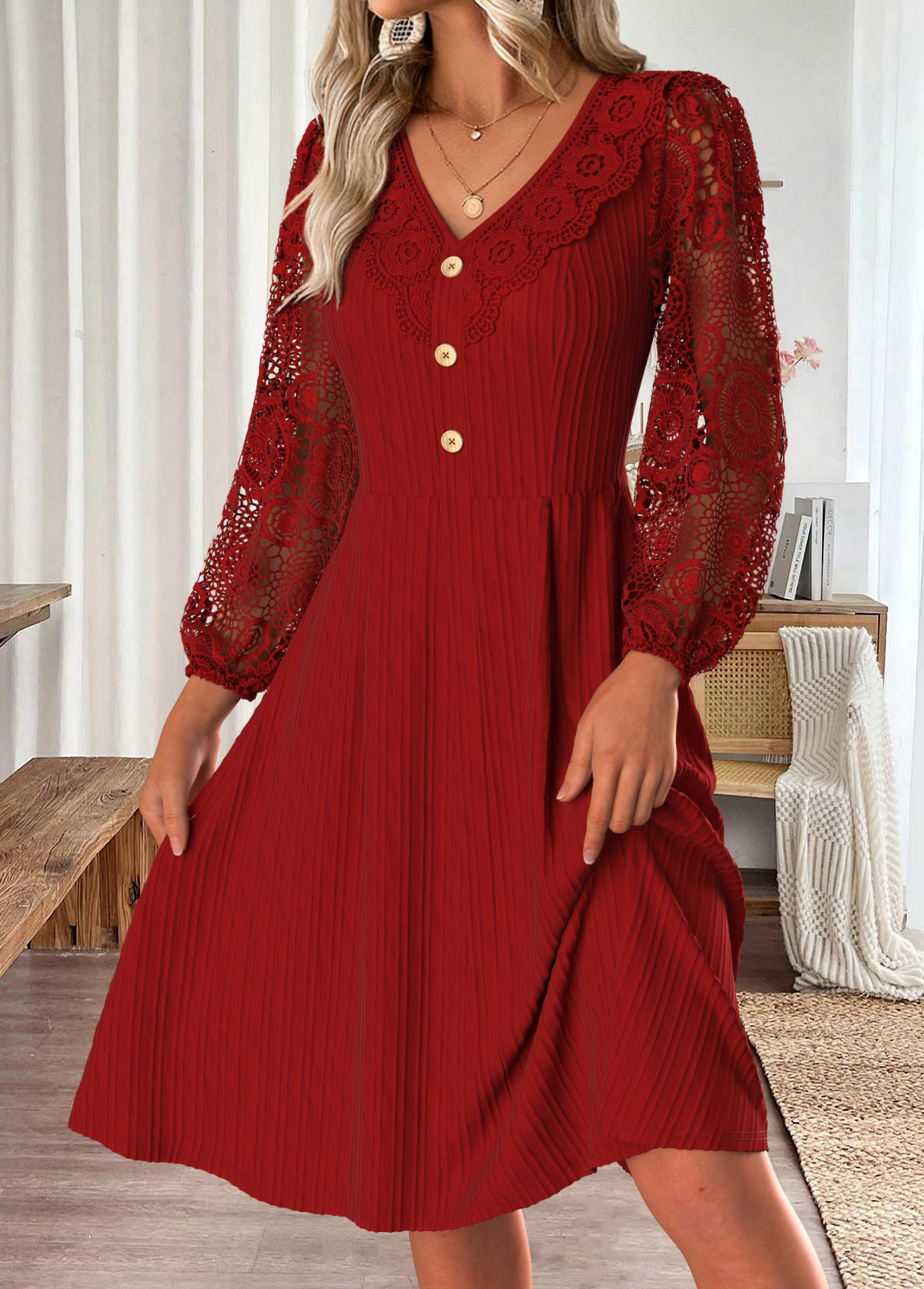 Red Tummy Coverage Long Sleeve V Neck Dress | picture 