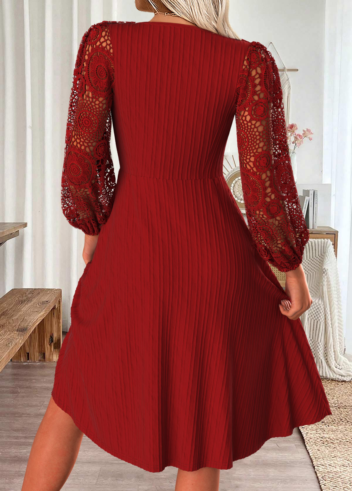 Red Tummy Coverage Long Sleeve V Neck Dress | picture 