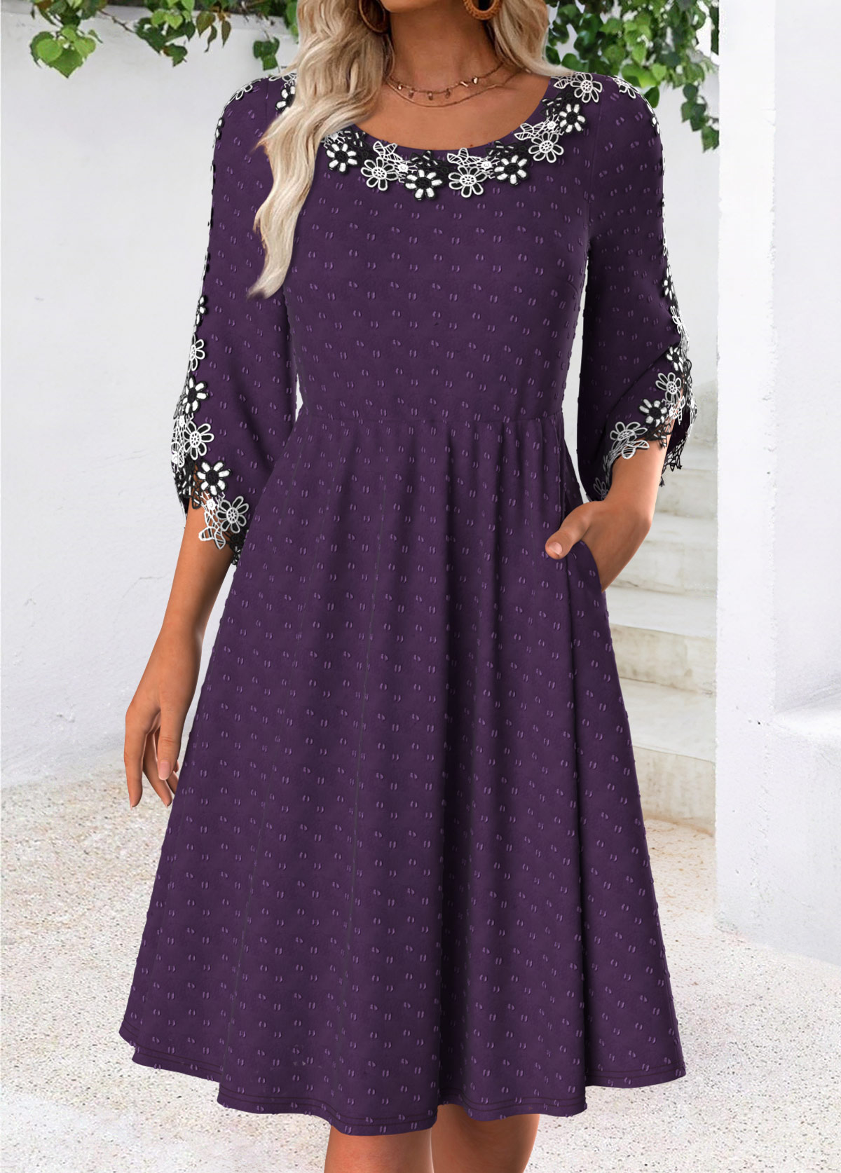 Dark Purple Tummy Coverage 3/4 Sleeve Round Neck Dress | picture 