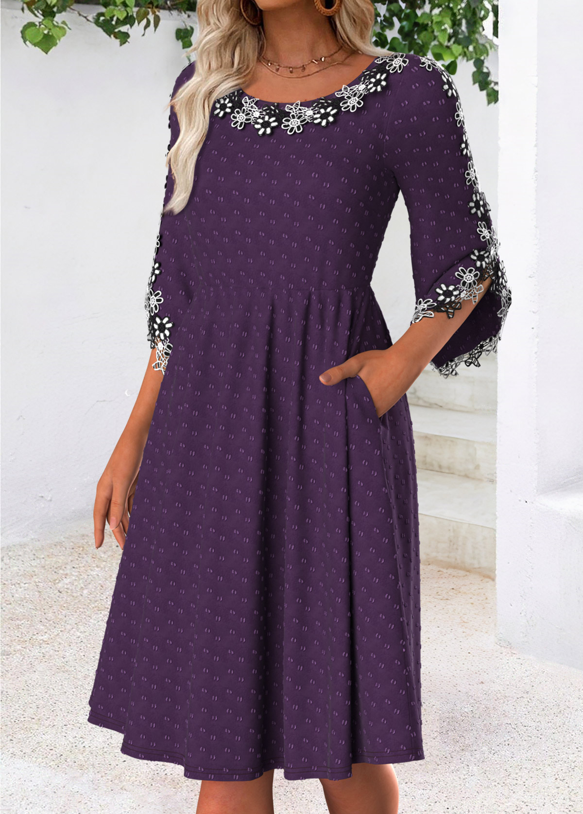 Dark Purple Tummy Coverage 3/4 Sleeve Round Neck Dress | picture 