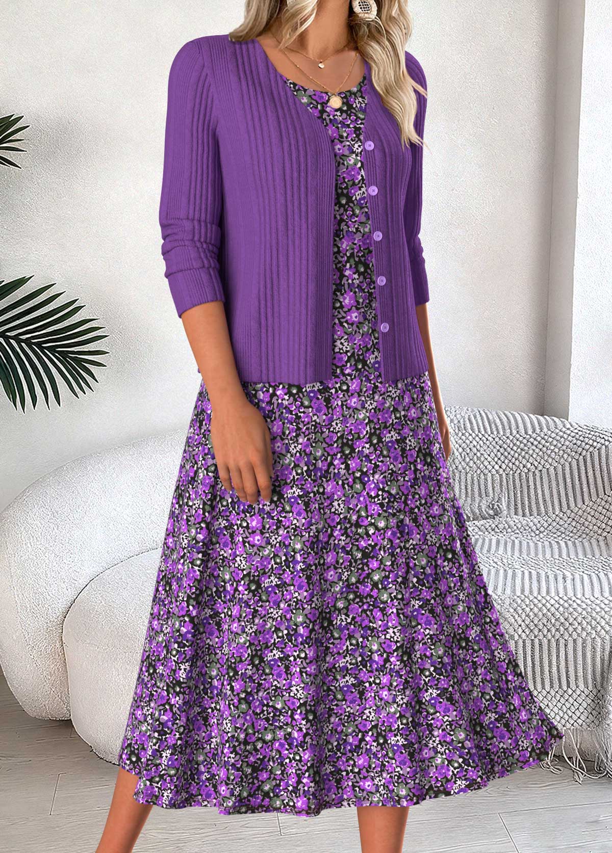 Purple Tummy Coverage Ditsy Floral Print Dress and Cardigan | picture 