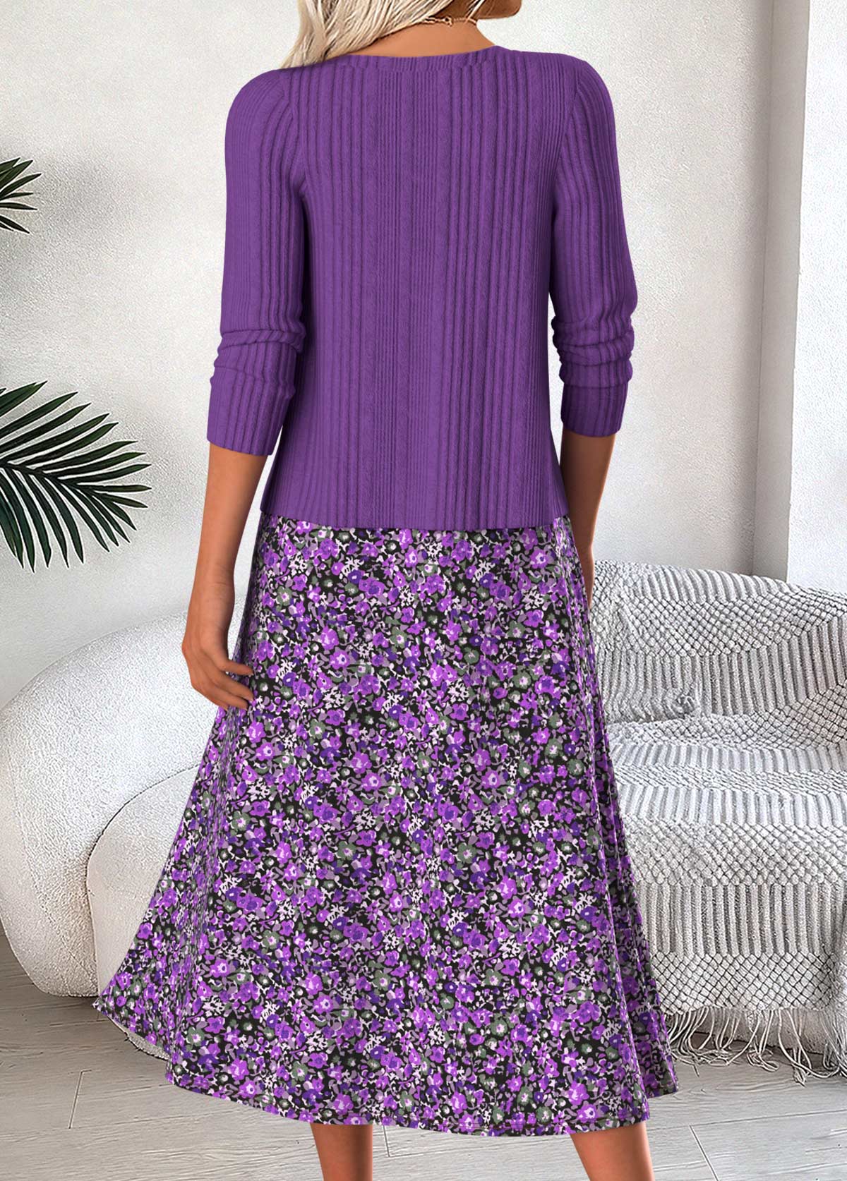 Purple Tummy Coverage Ditsy Floral Print Dress and Cardigan | picture 
