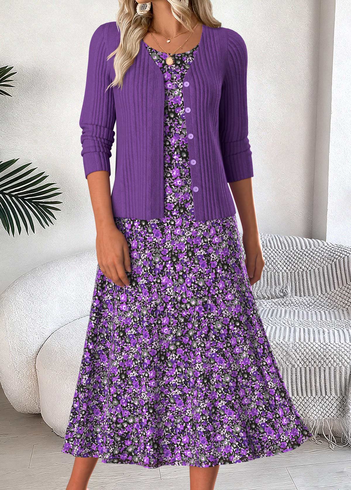 Purple Tummy Coverage Ditsy Floral Print Dress and Cardigan | picture 