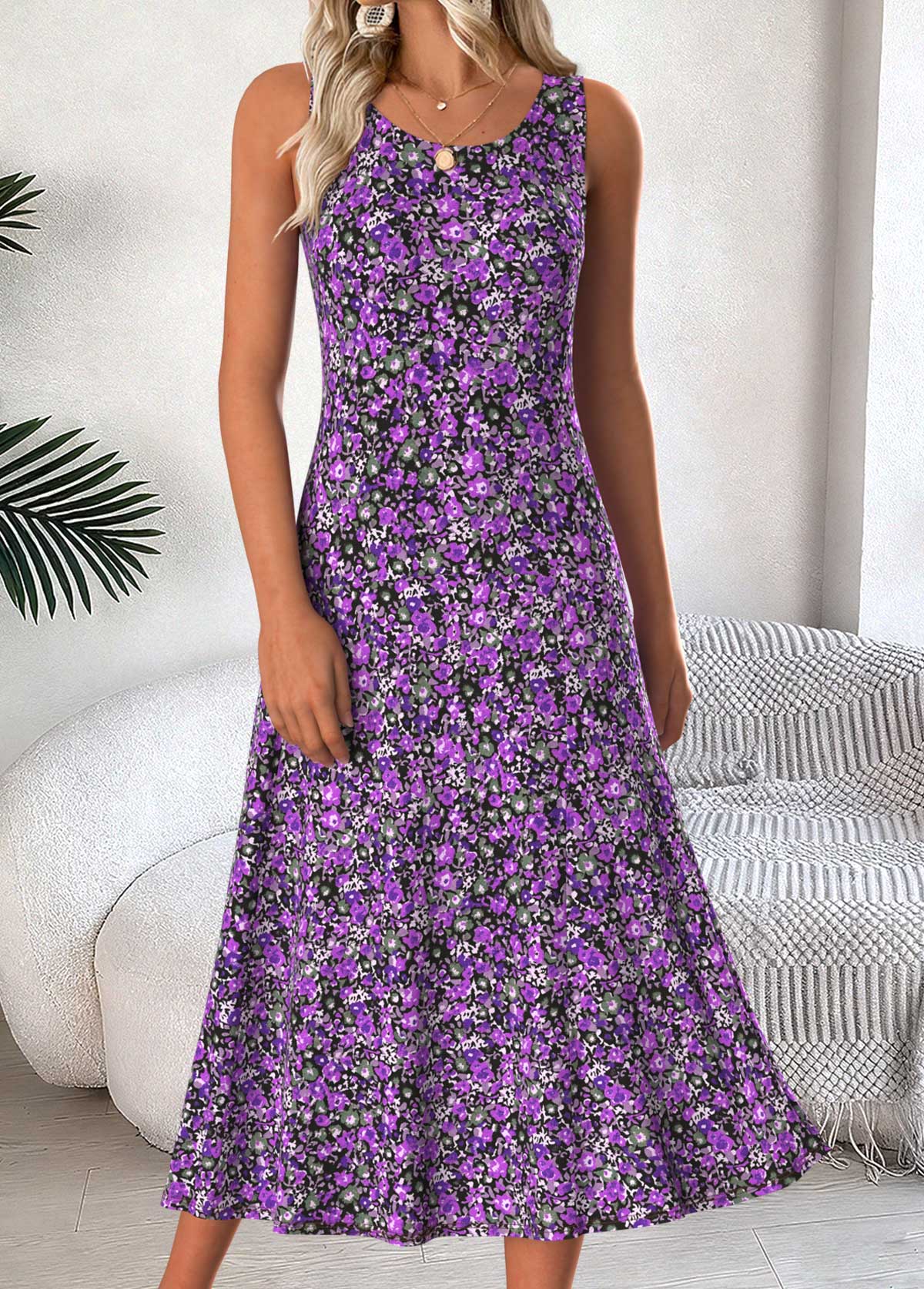 Purple Tummy Coverage Ditsy Floral Print Dress and Cardigan | picture 