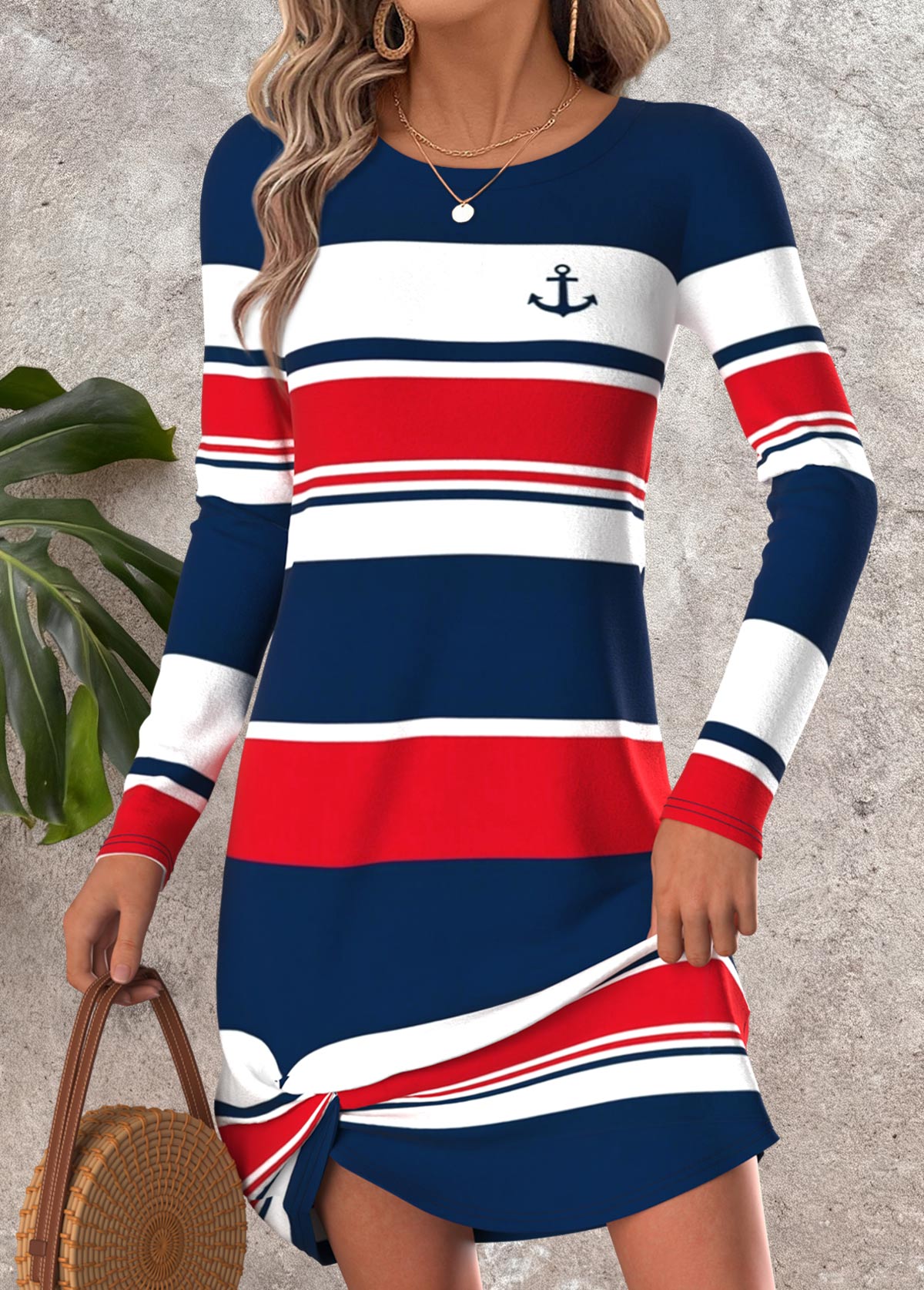 Multi Color Tummy Coverage Striped Short Long Sleeve Dress | picture 