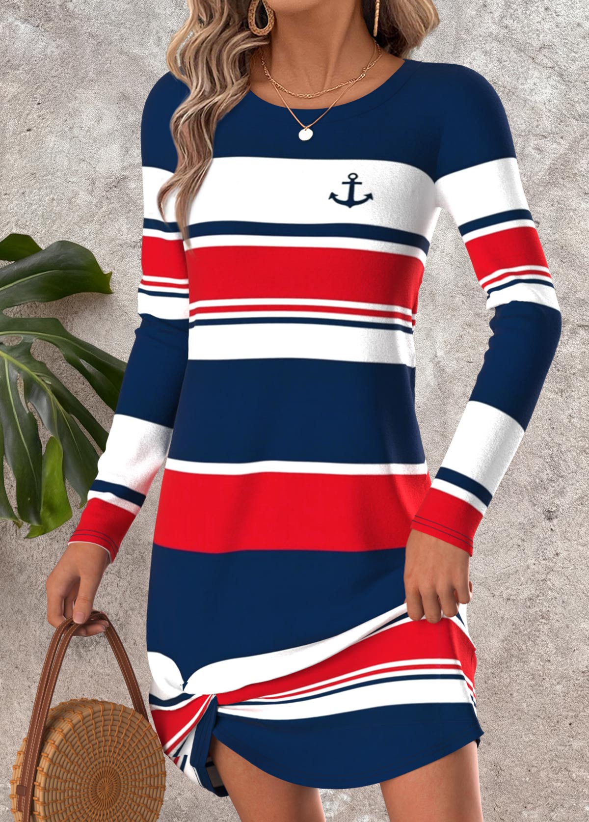 Multi Color Tummy Coverage Striped Short Long Sleeve Dress | picture 