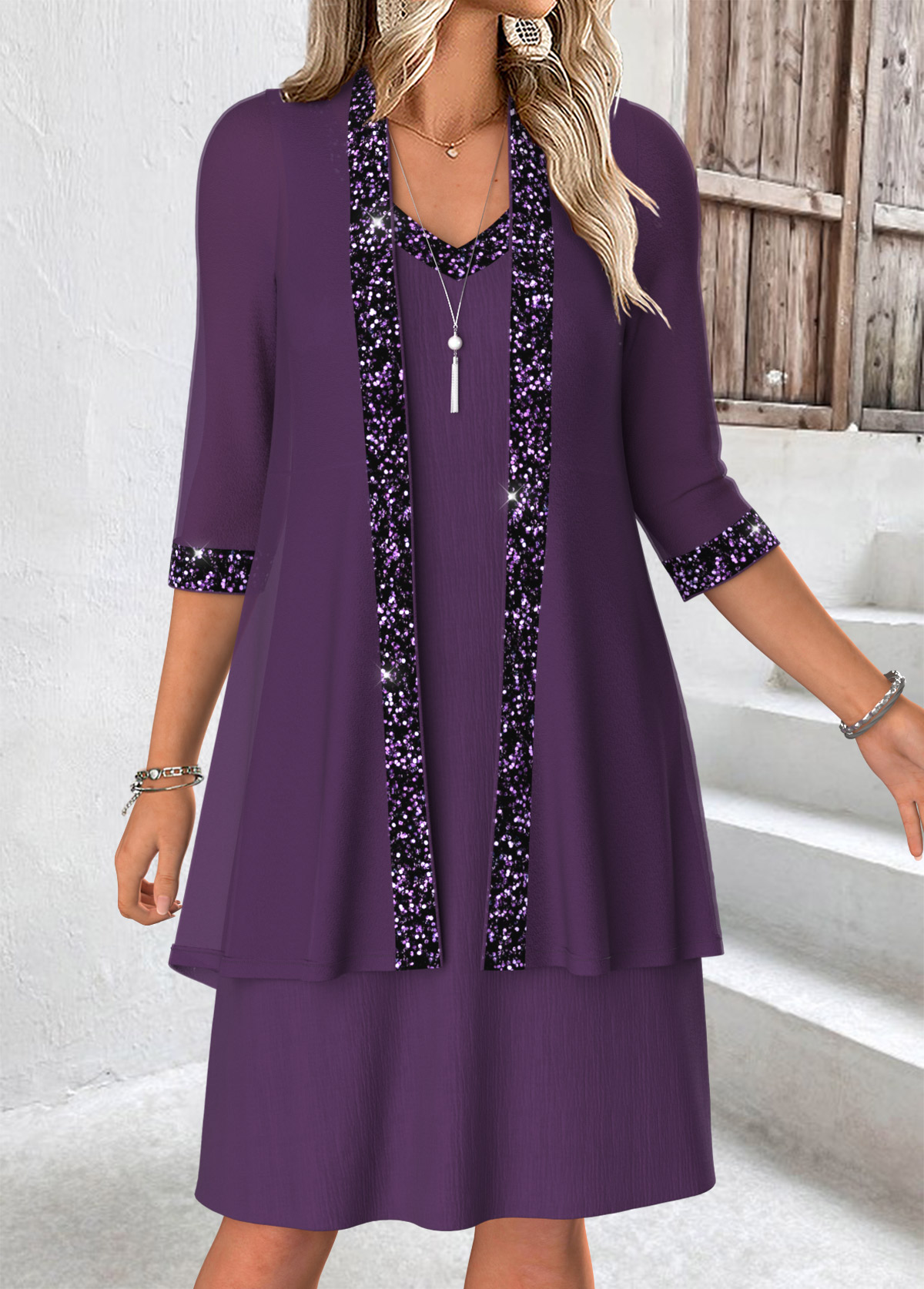 Purple Tummy Coverage 3/4 Sleeve Dress and Cardigan | picture 