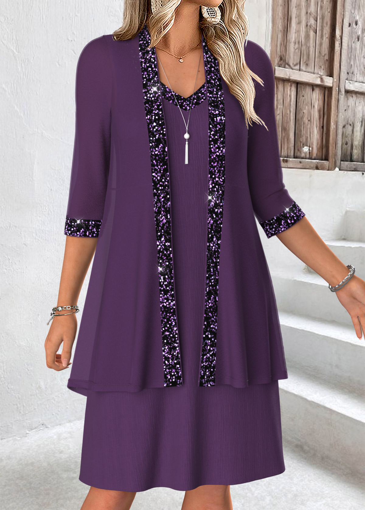 Purple Tummy Coverage 3/4 Sleeve Dress and Cardigan | picture 