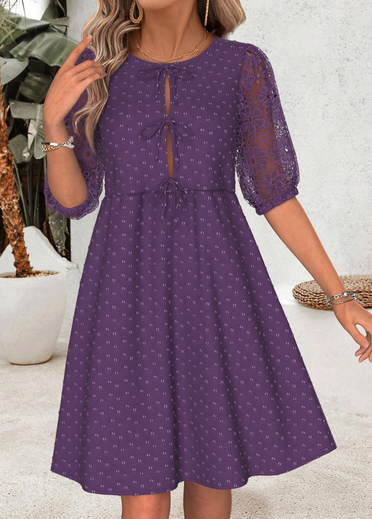Purple Tummy Coverage Half Sleeve Round Neck Dress | picture 