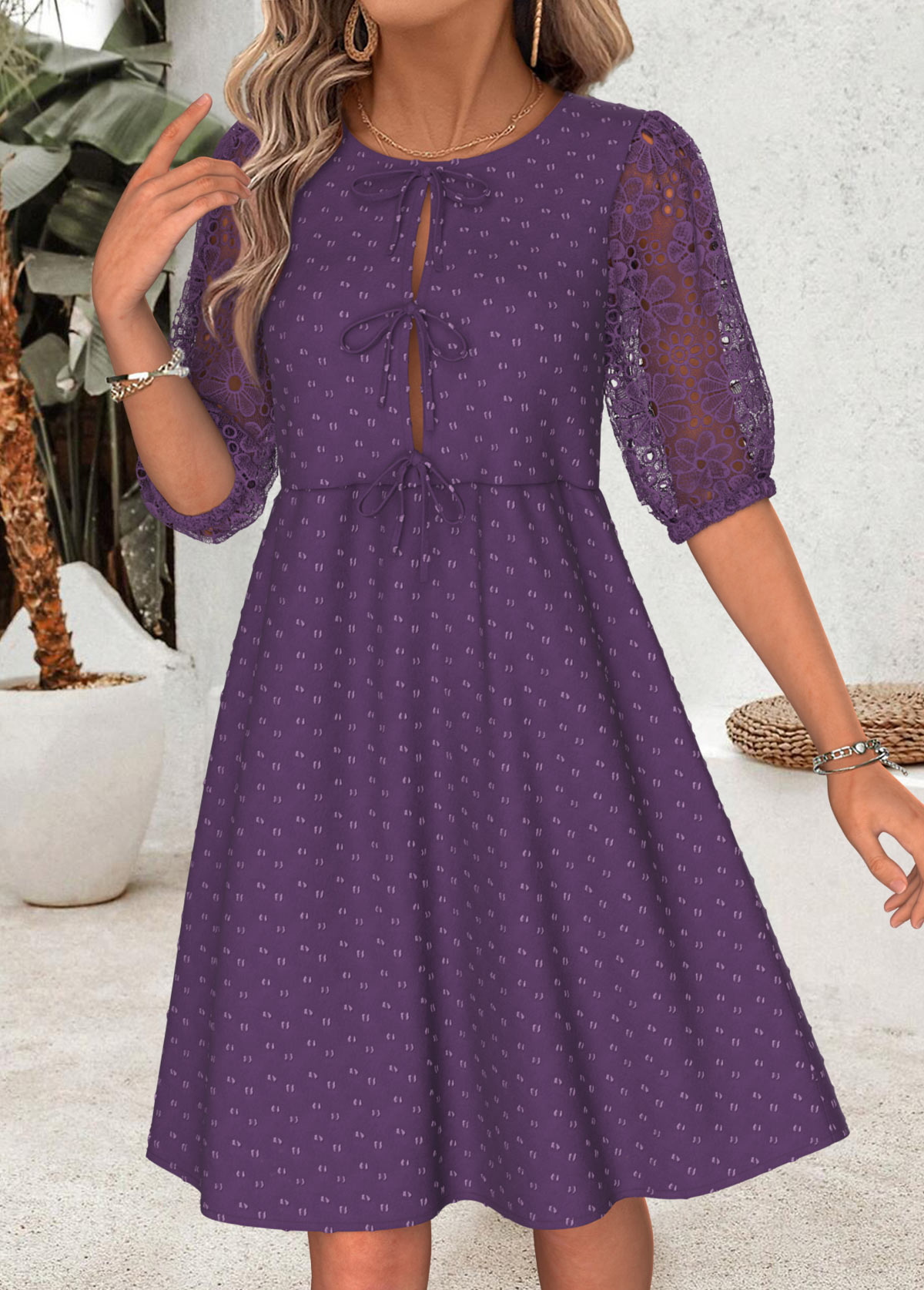Purple Tummy Coverage Half Sleeve Round Neck Dress | picture 