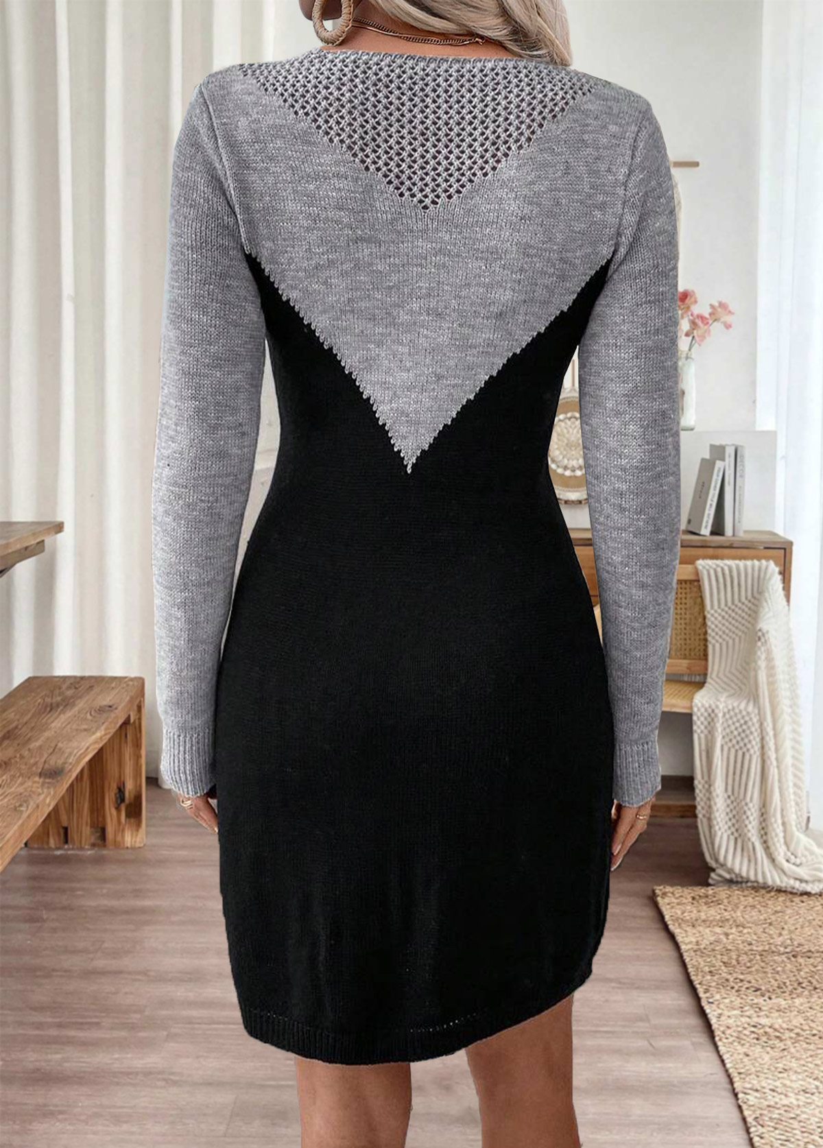 Grey Short Long Sleeve Round Neck Bodycon Knit Dress | picture 