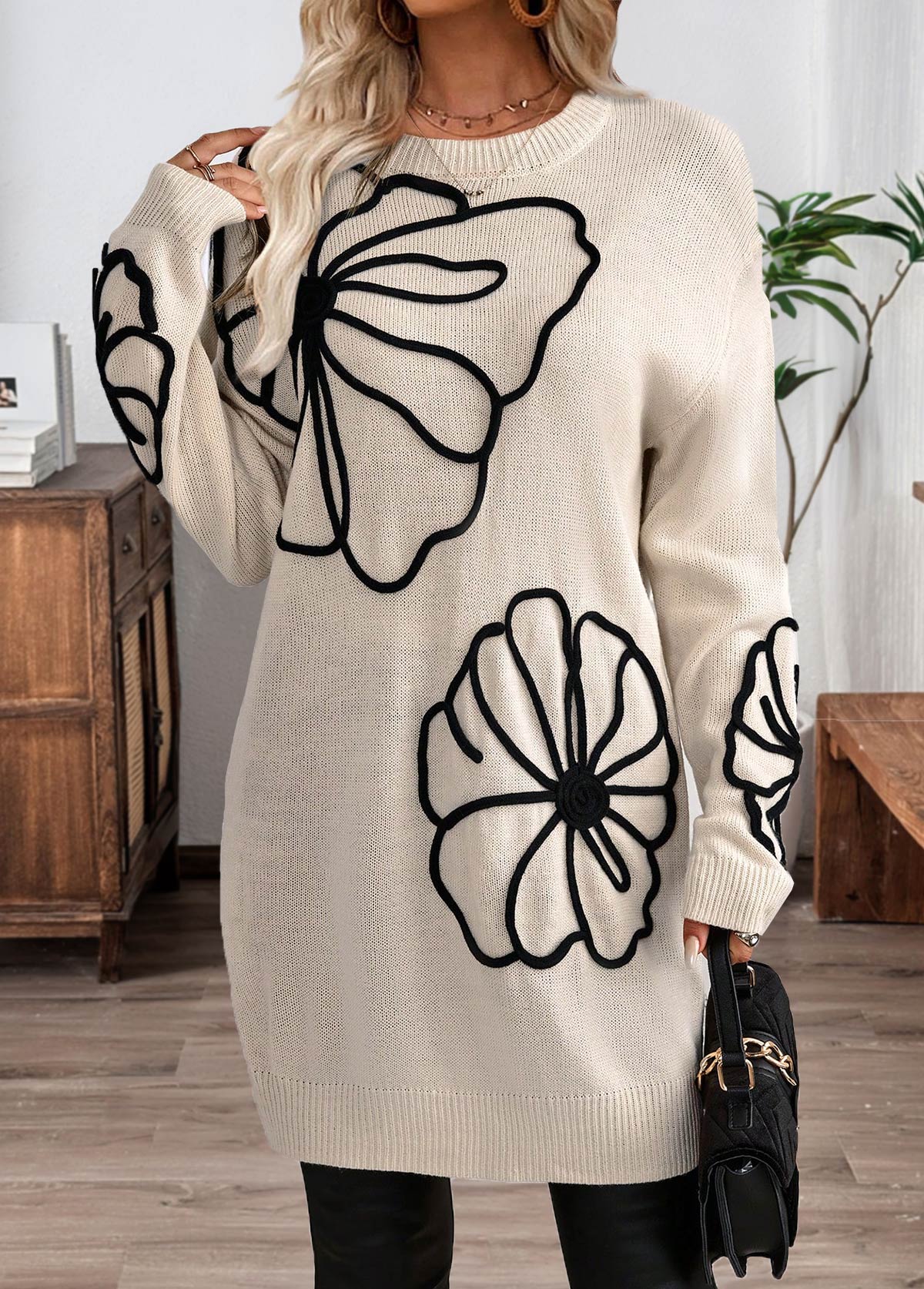 Beige Floral Print Short Long Sleeve Knit Dress | picture 
