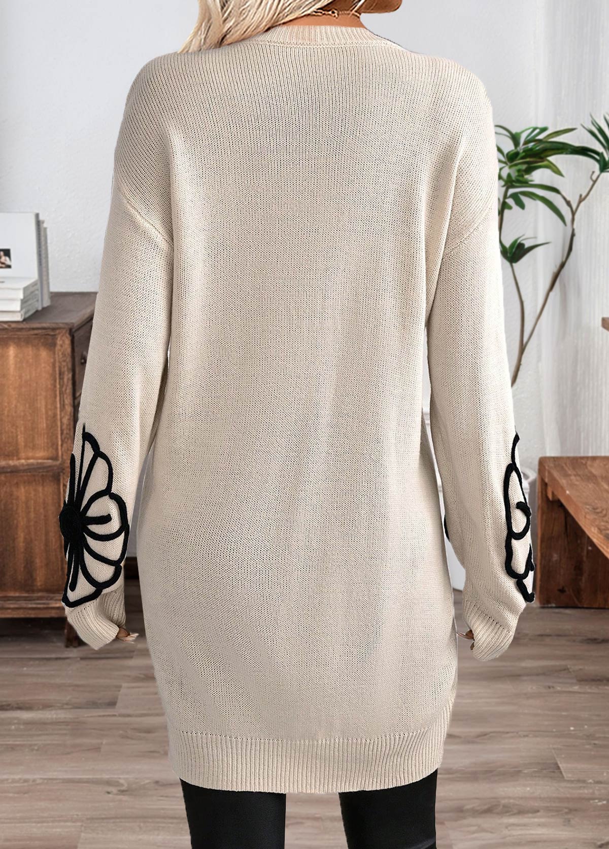 Beige Floral Print Short Long Sleeve Knit Dress | picture 