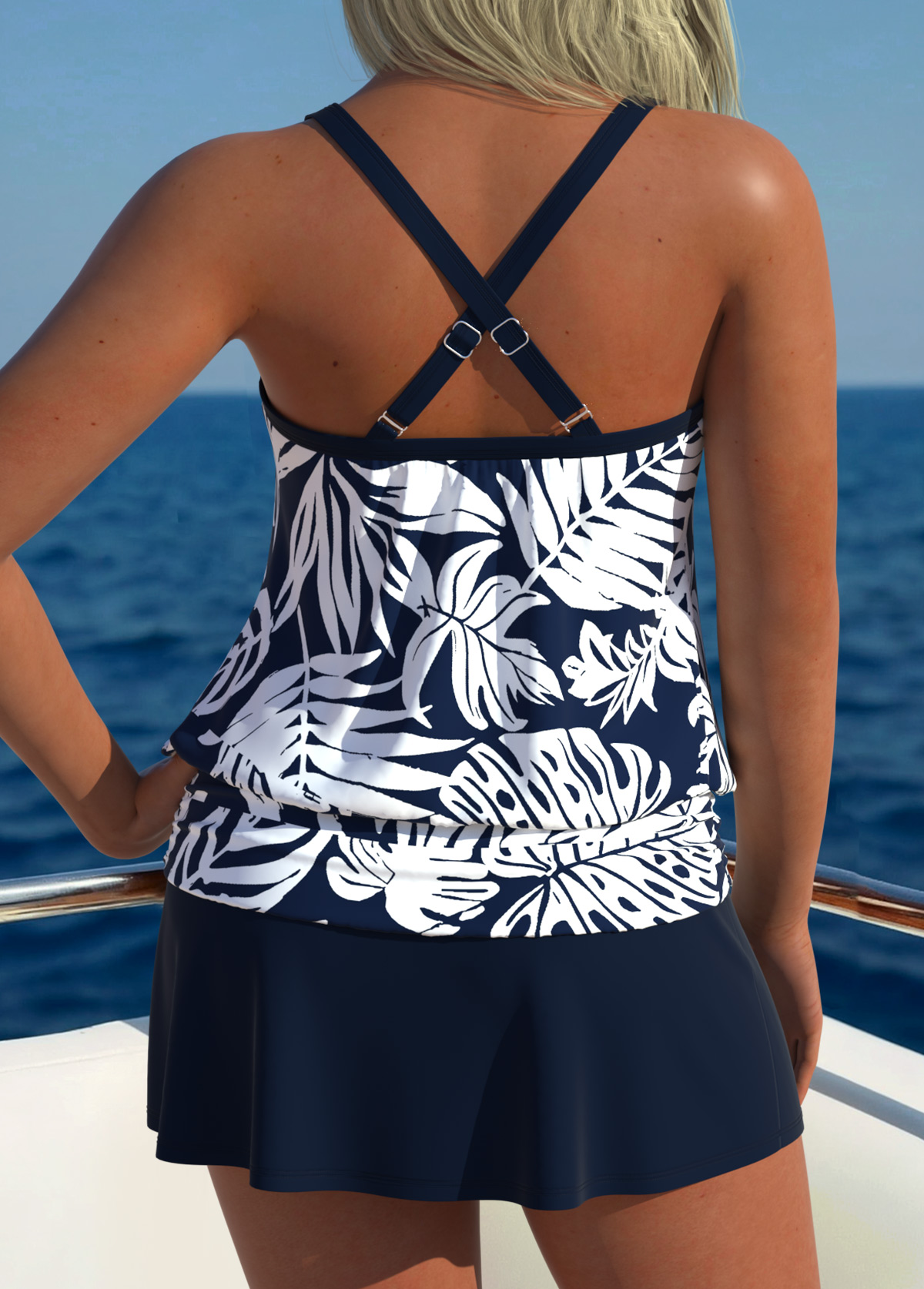 Blouson Mid Waisted Tropical Plants Print Navy Tankini Set | picture 