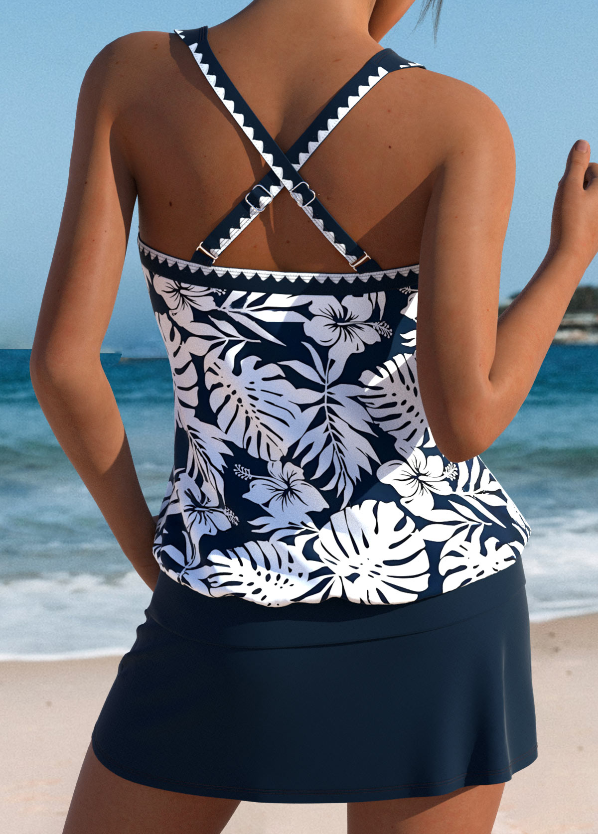Tummy Coverage Mid Waisted Floral Print Navy Tankini Set | picture 