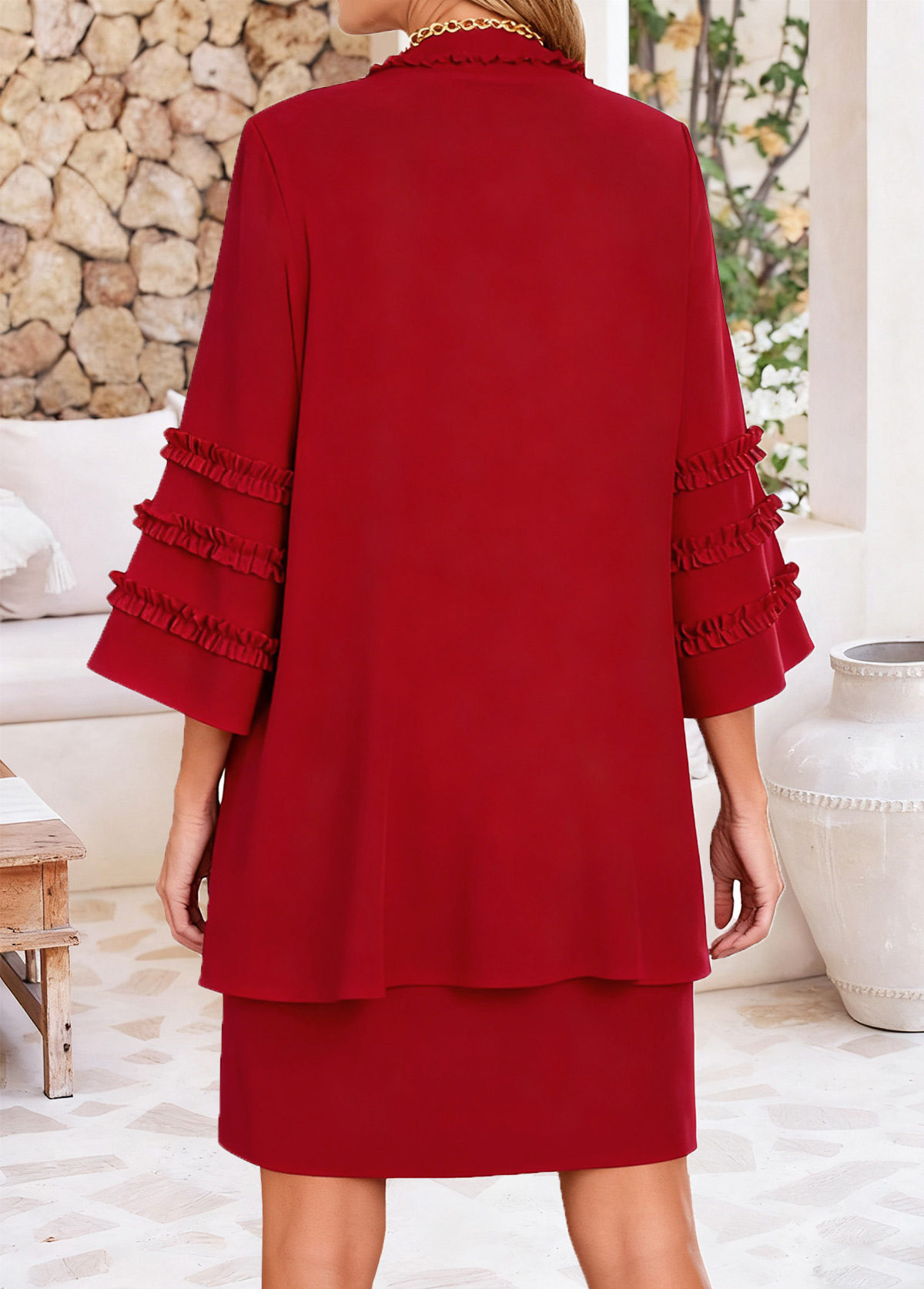 Red Shirred Short 3/4 Sleeve Dress and Cardigan | picture 