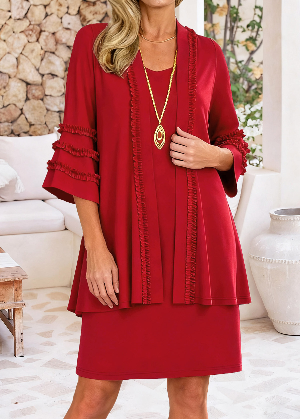 Red Shirred Short 3/4 Sleeve Dress and Cardigan | picture 