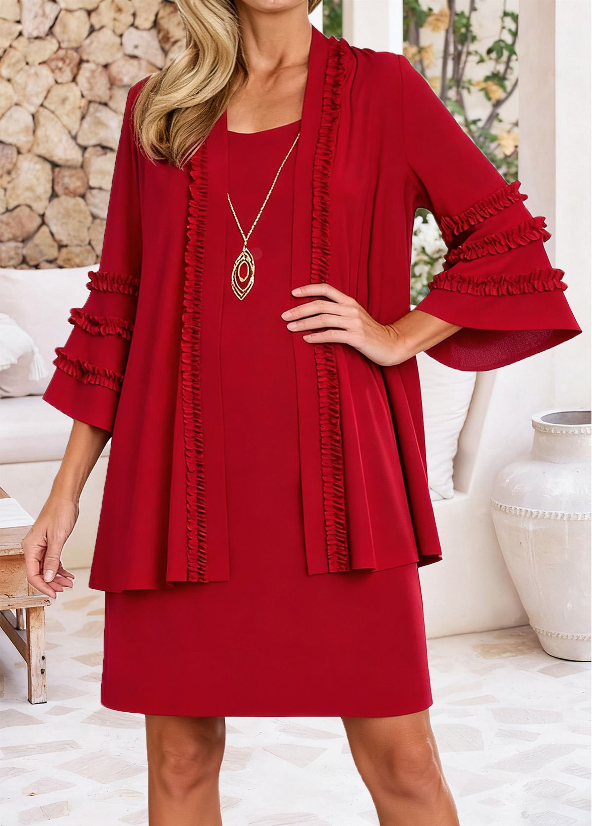 Red Shirred Short 3/4 Sleeve Dress and Cardigan | picture 