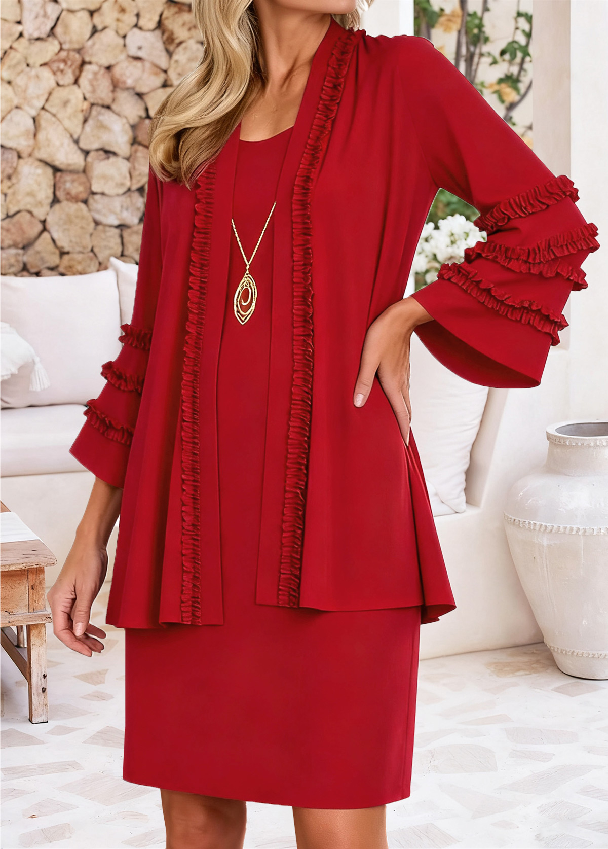 Red Shirred Short 3/4 Sleeve Dress and Cardigan | picture 