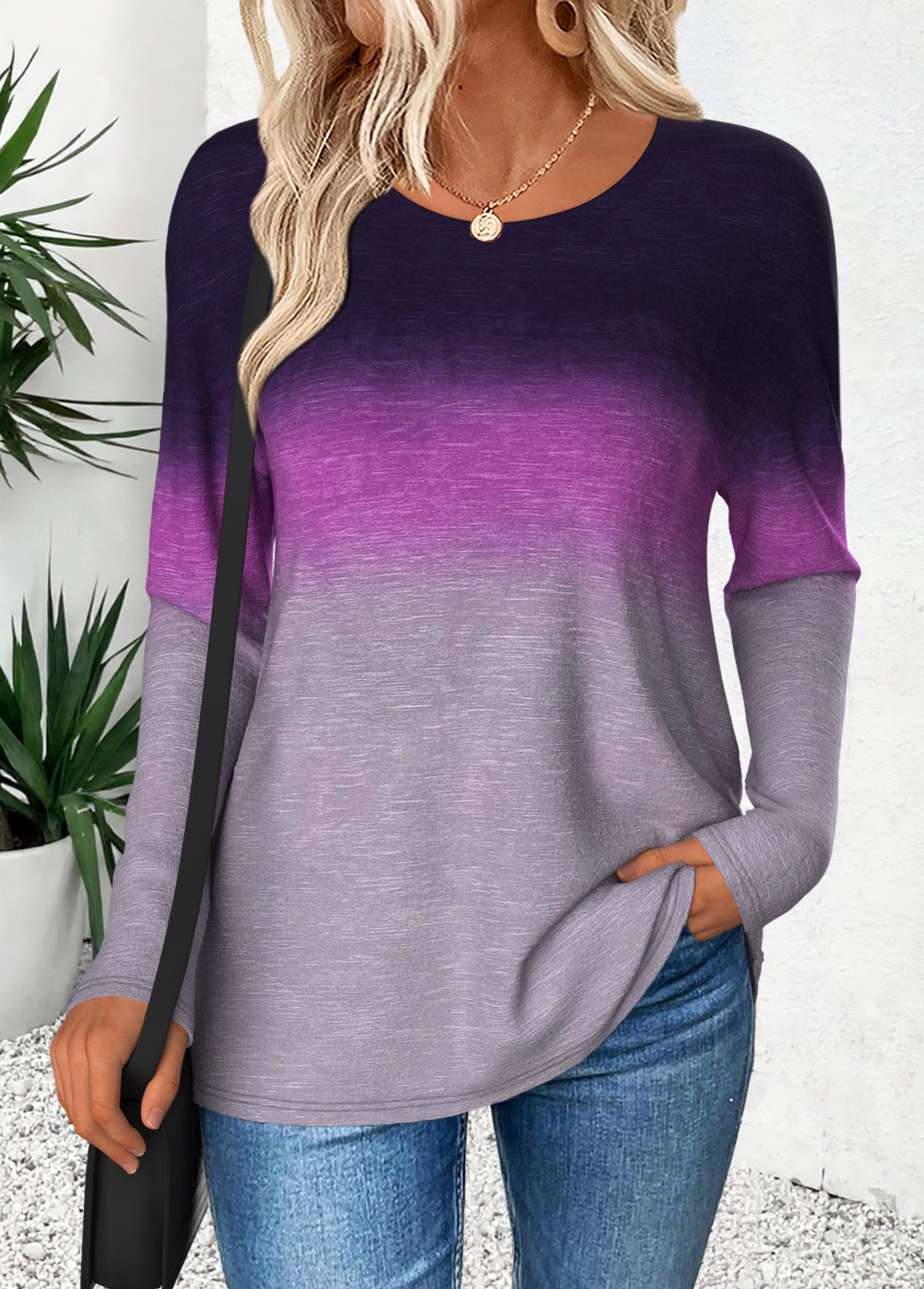 Purple Curved Hem Ombre Long Sleeve T Shirt | picture 