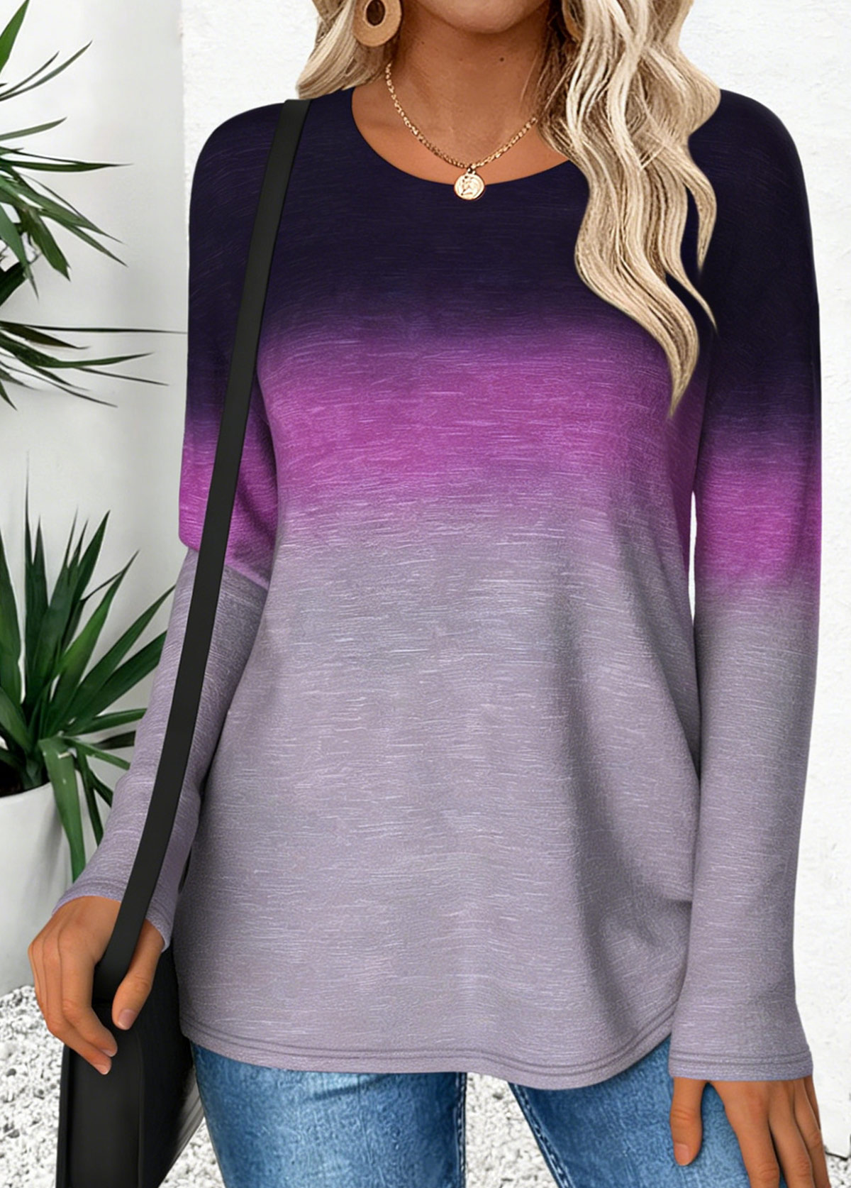 Purple Curved Hem Ombre Long Sleeve T Shirt | picture 