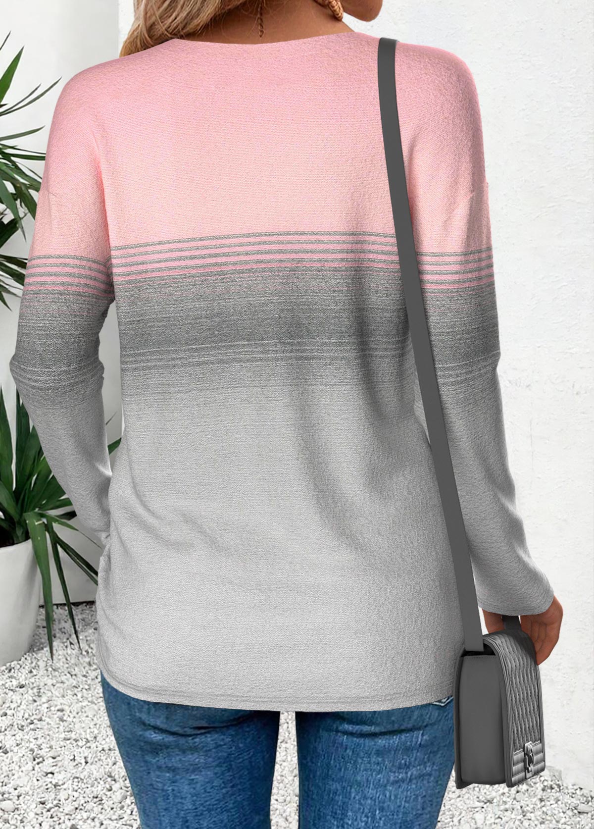 Light Grey Curved Hem Ombre Long Sleeve T Shirt | picture 