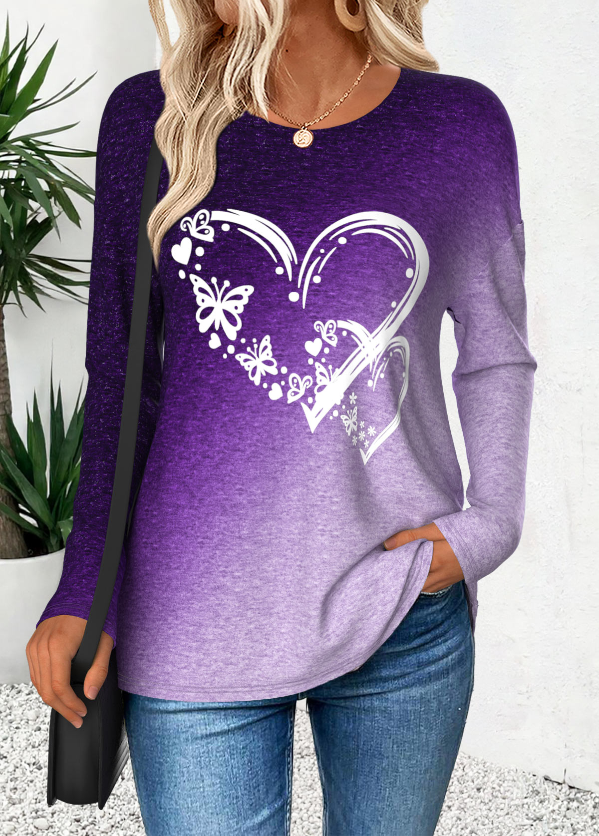 Purple Curved Hem Ombre Long Sleeve T Shirt | picture 