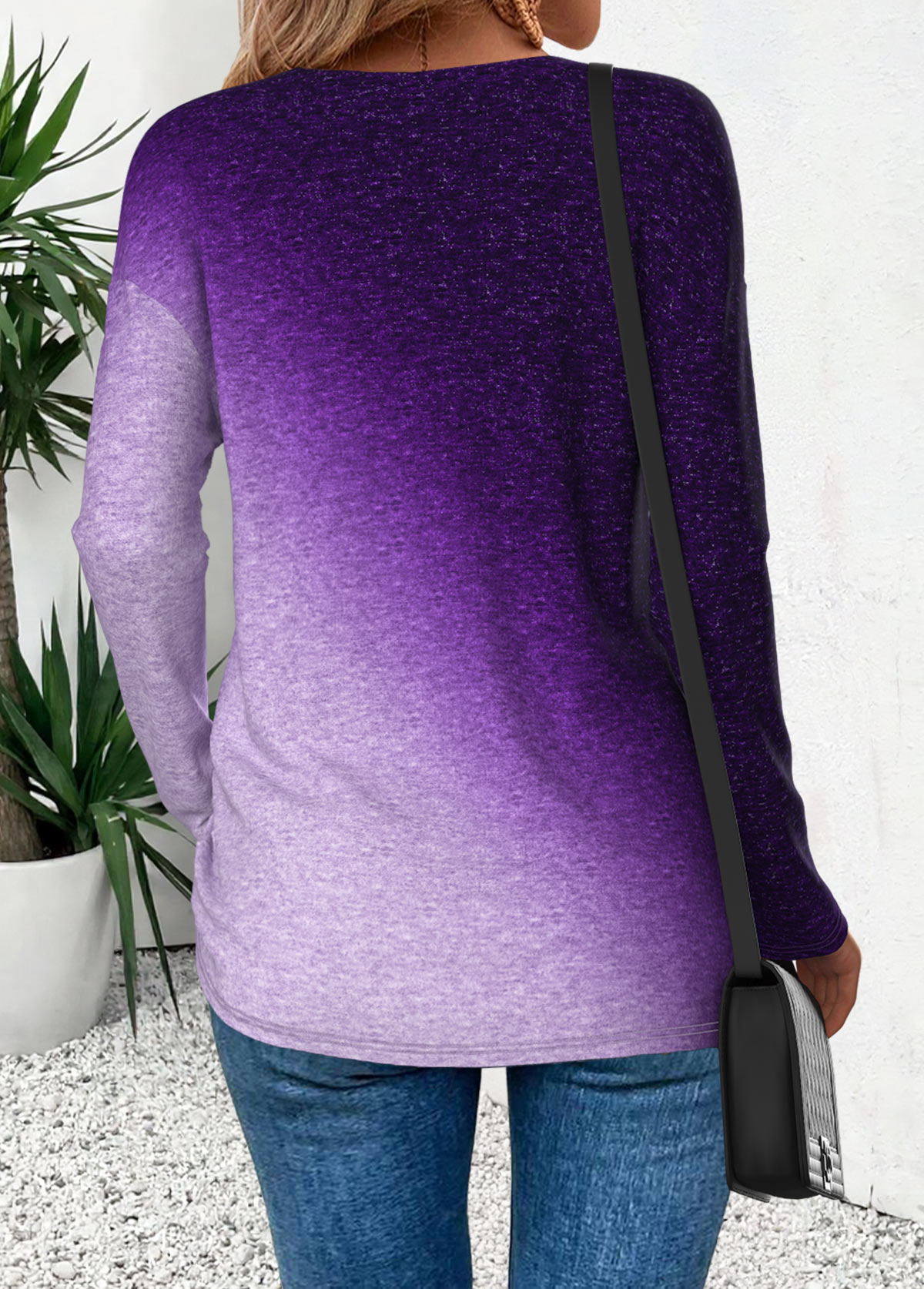Purple Curved Hem Ombre Long Sleeve T Shirt | picture 
