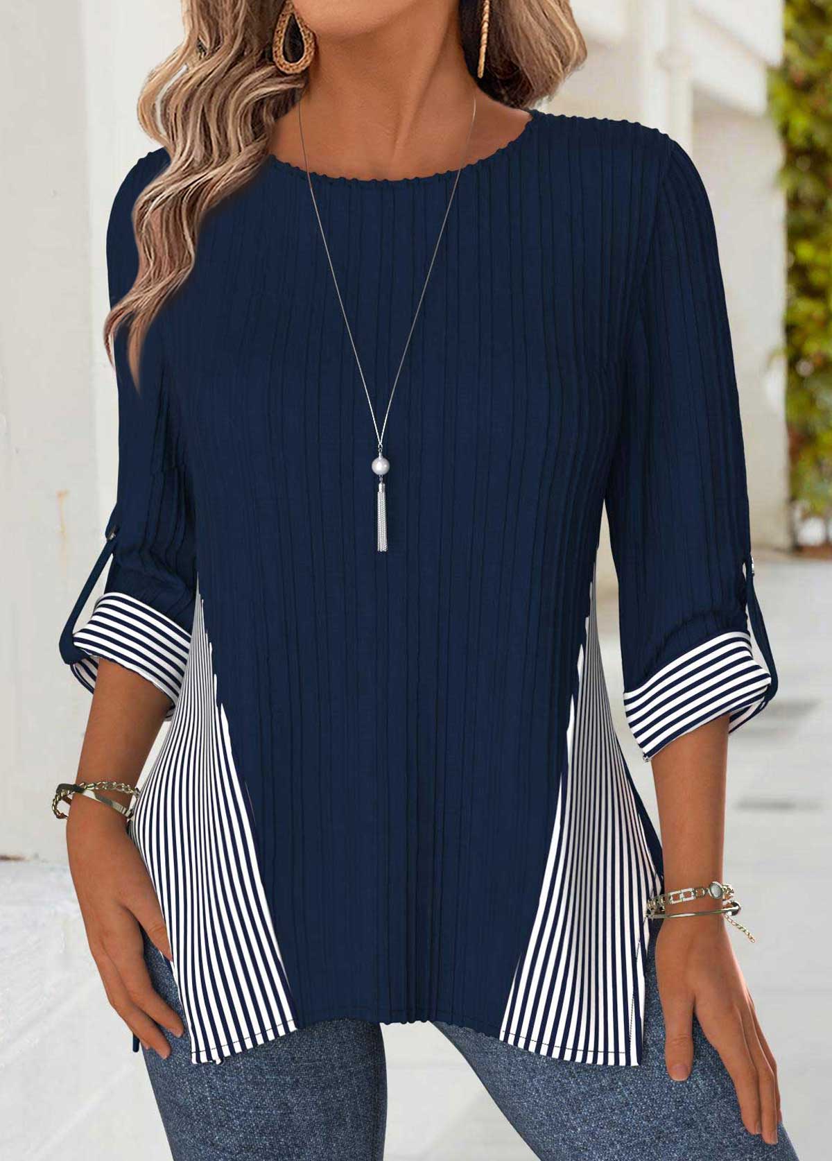 Navy Tummy Coverage Striped Long Sleeve Round Neck Blouse | picture 