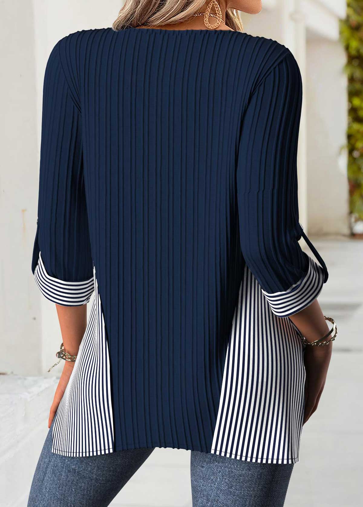 Navy Tummy Coverage Striped Long Sleeve Round Neck Blouse | picture 