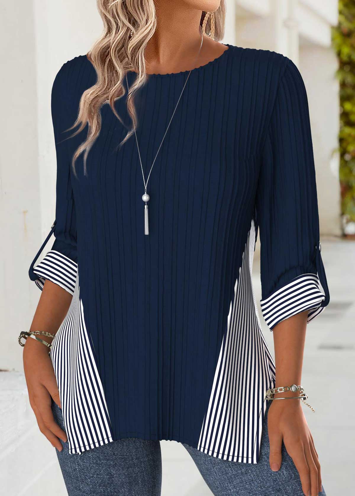 Navy Tummy Coverage Striped Long Sleeve Round Neck Blouse | picture 