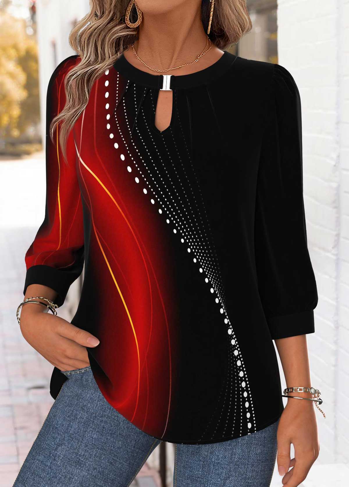 Red Tummy Coverage Ombre 3/4 Sleeve Round Neck Blouse | picture 