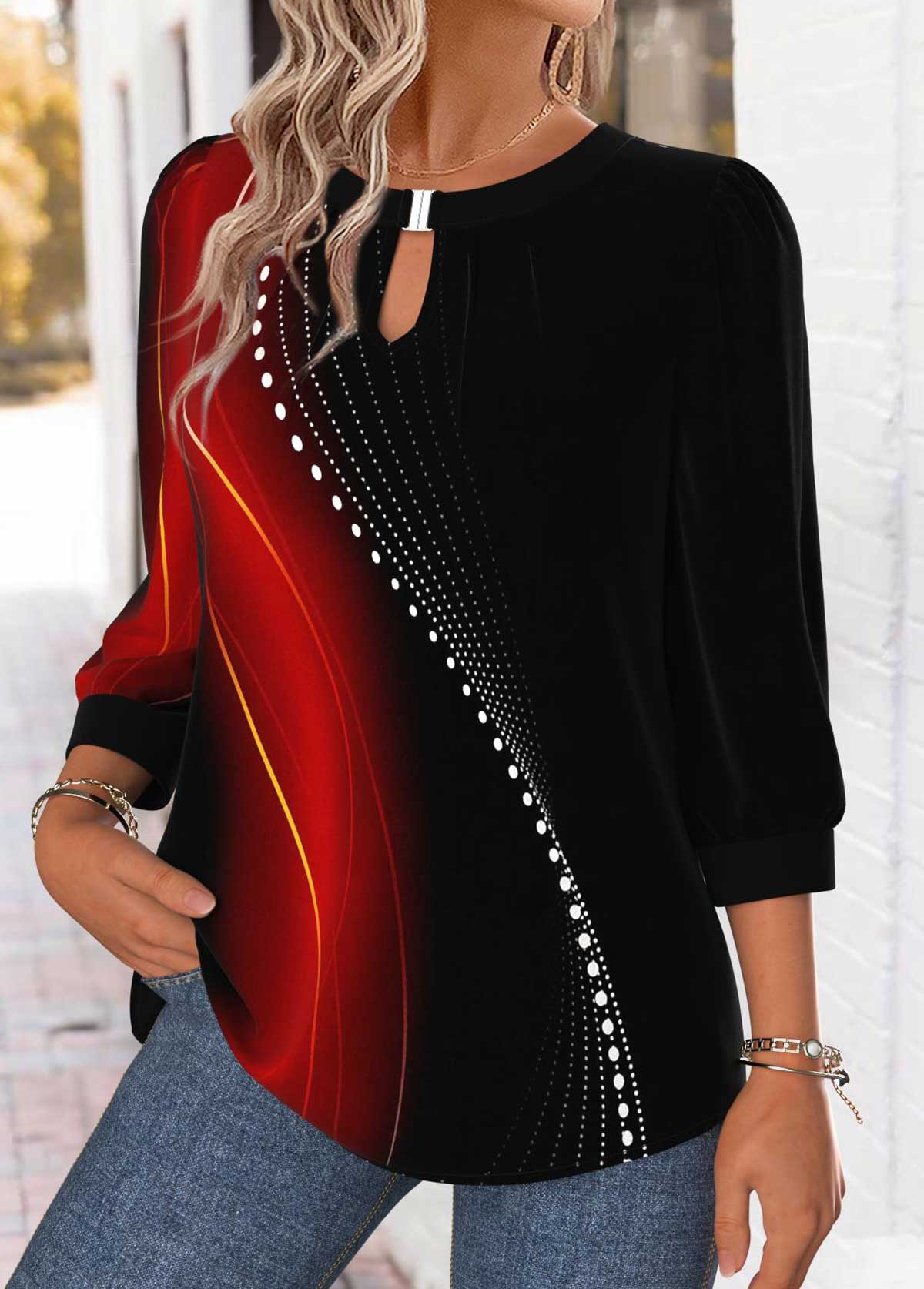 Red Tummy Coverage Ombre 3/4 Sleeve Round Neck Blouse | picture 