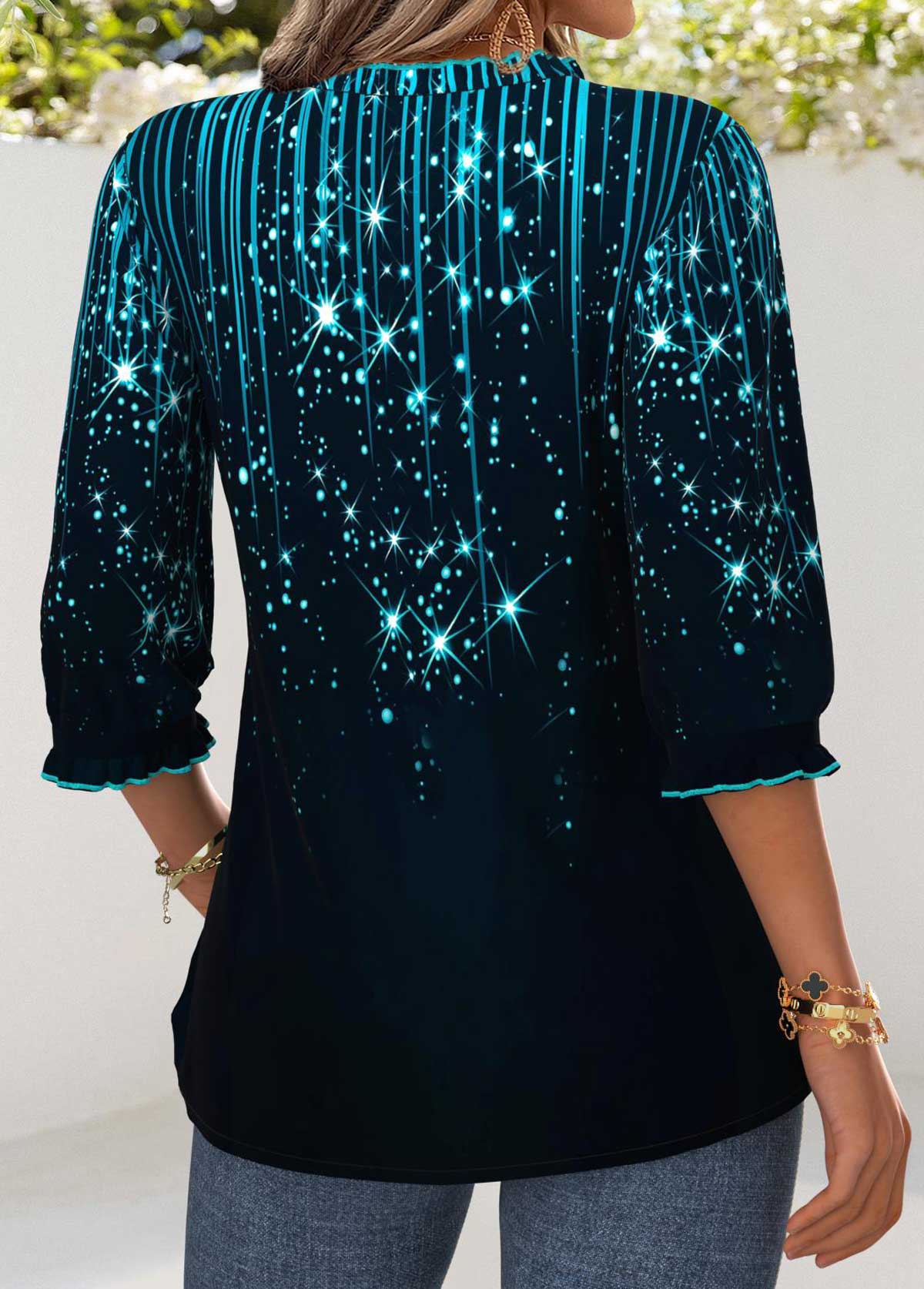 Navy Tummy Coverage Ombre 3/4 Sleeve V Neck Blouse | picture 