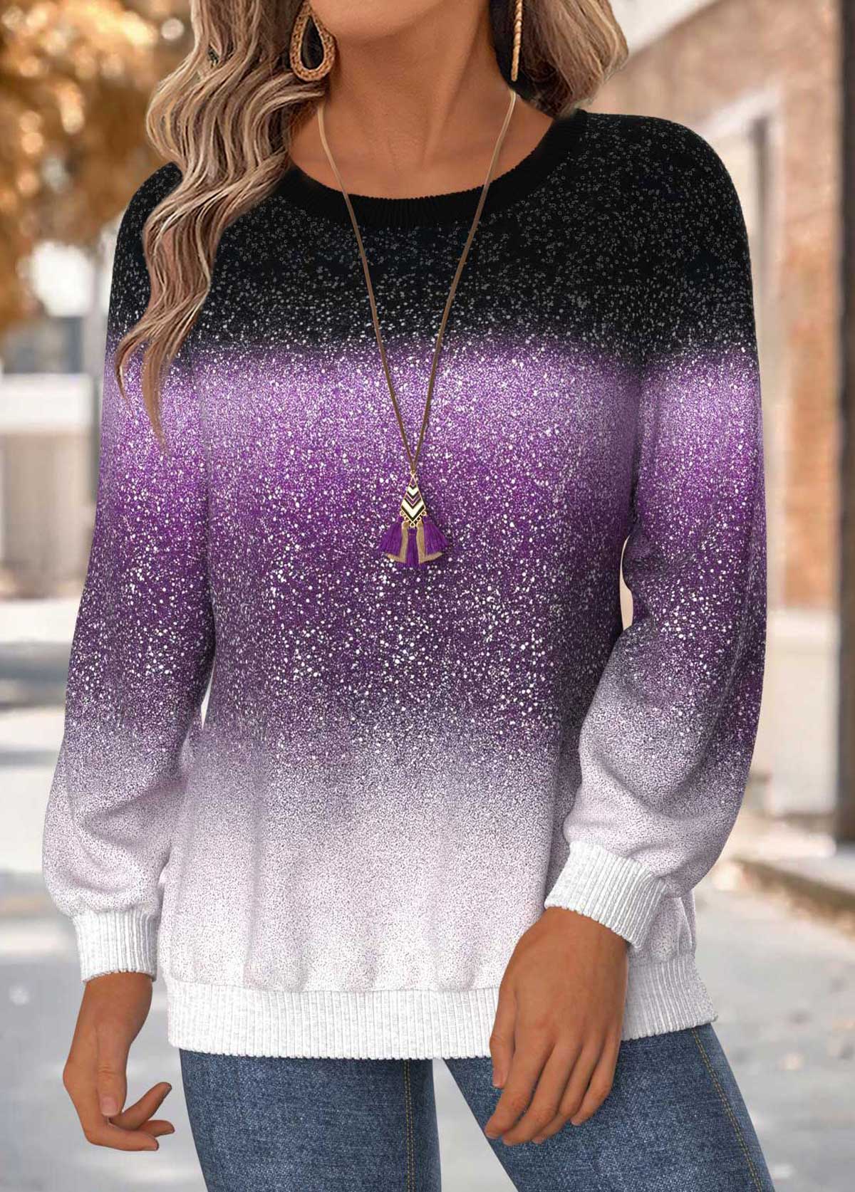 Purple Tummy Coverage Ombre Long Sleeve Round Neck Sweatshirt | picture 