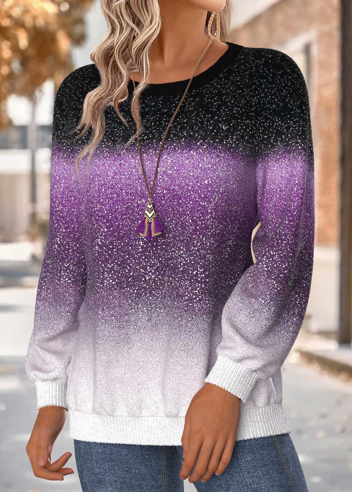 Purple Tummy Coverage Ombre Long Sleeve Round Neck Sweatshirt | picture 