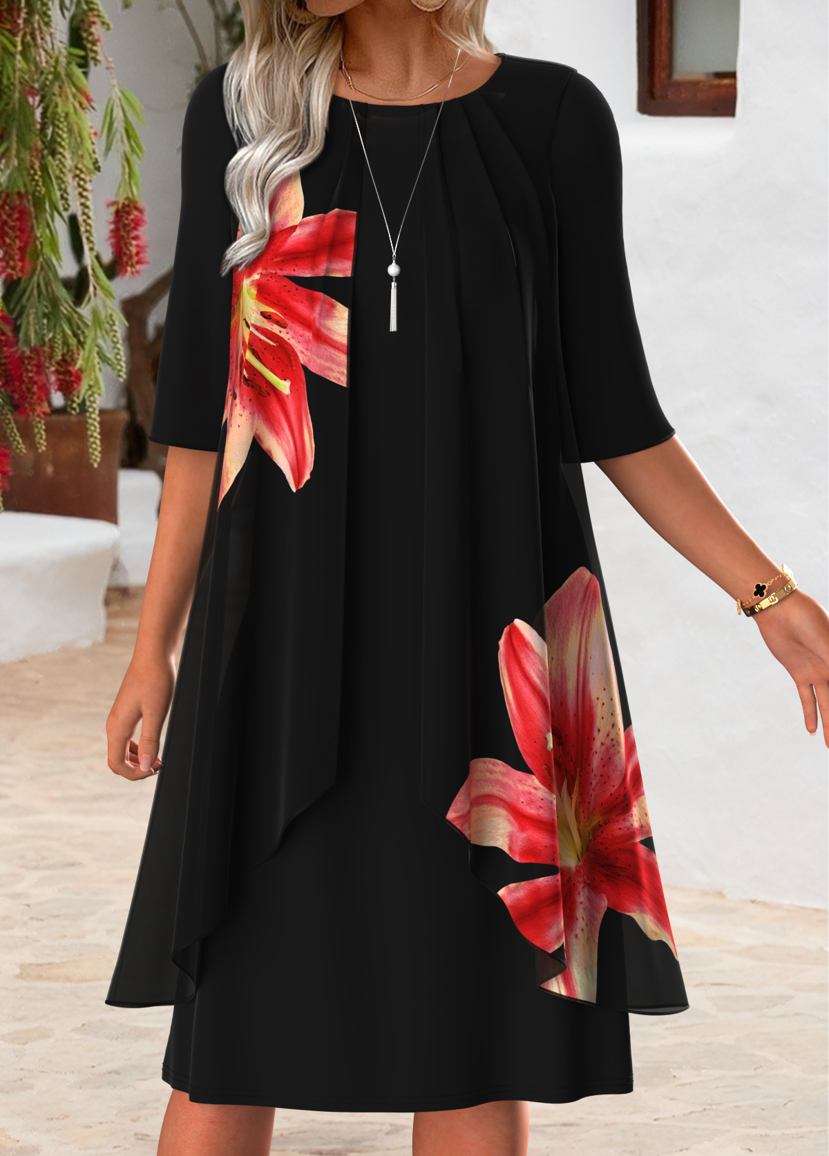 Black Tummy Coverage Floral Print Half Sleeve Dress | picture 