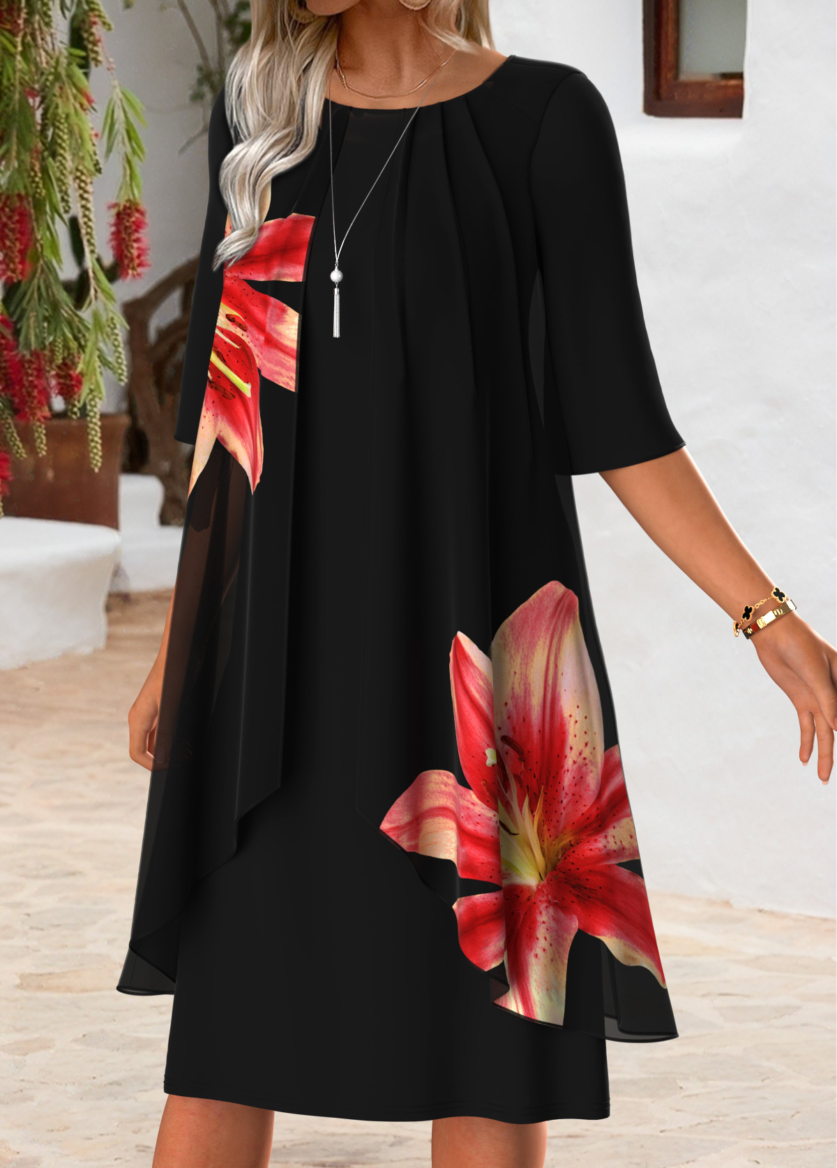 Black Tummy Coverage Floral Print Half Sleeve Dress | picture 