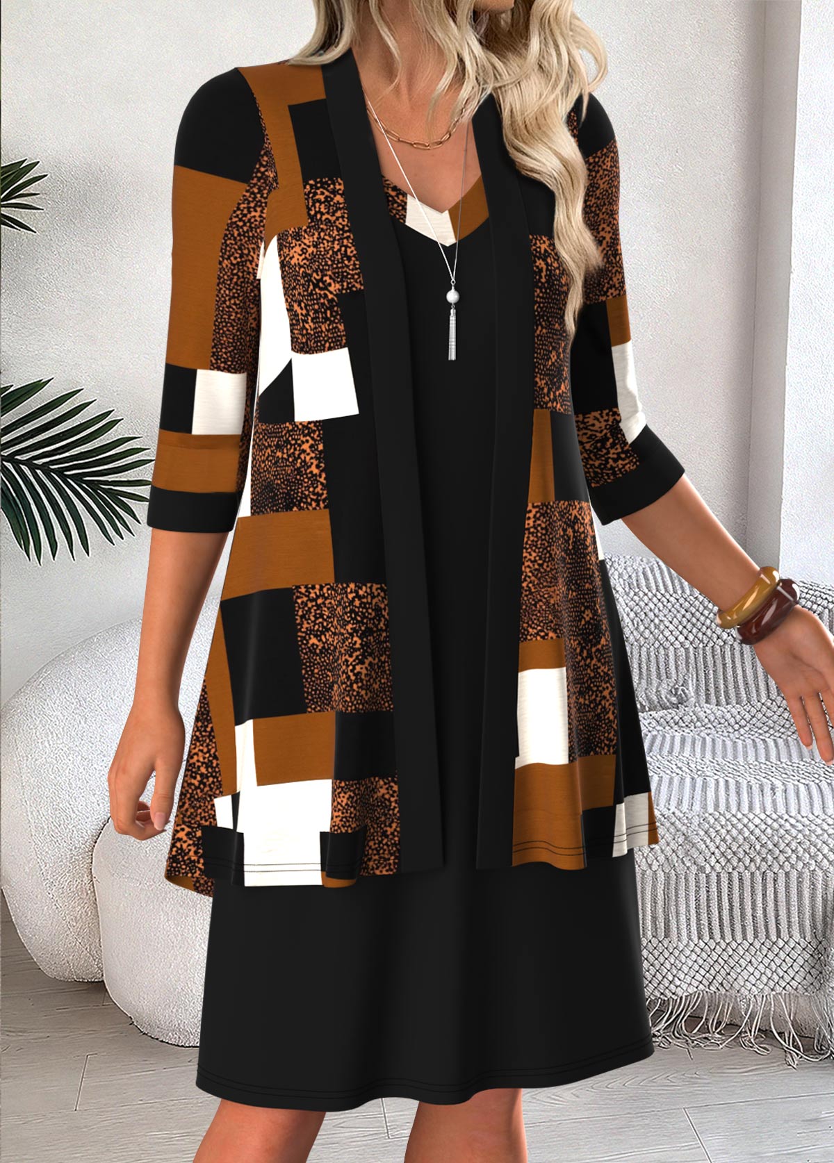 Dark Camel Tummy Coverage Geometric Print Dress and Cardigan | picture 