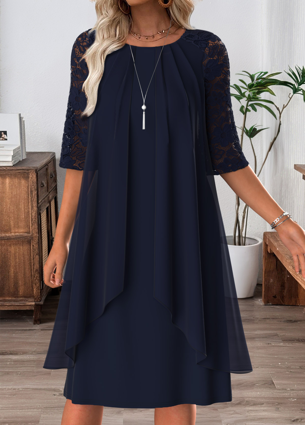 Navy Tummy Coverage Half Sleeve Round Neck Dress | picture 