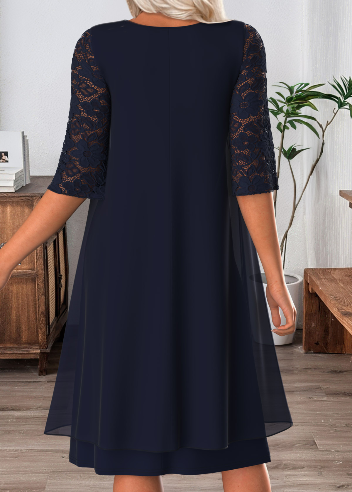Navy Tummy Coverage Half Sleeve Round Neck Dress | picture 