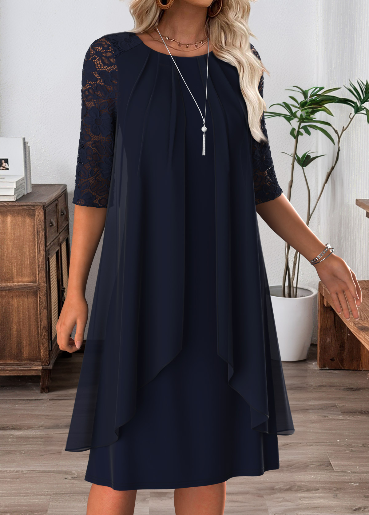 Navy Tummy Coverage Half Sleeve Round Neck Dress | picture 