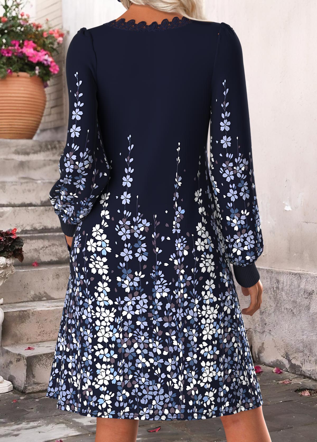 Dark Blue Tummy Coverage Floral Print Long Sleeve Dress | picture 