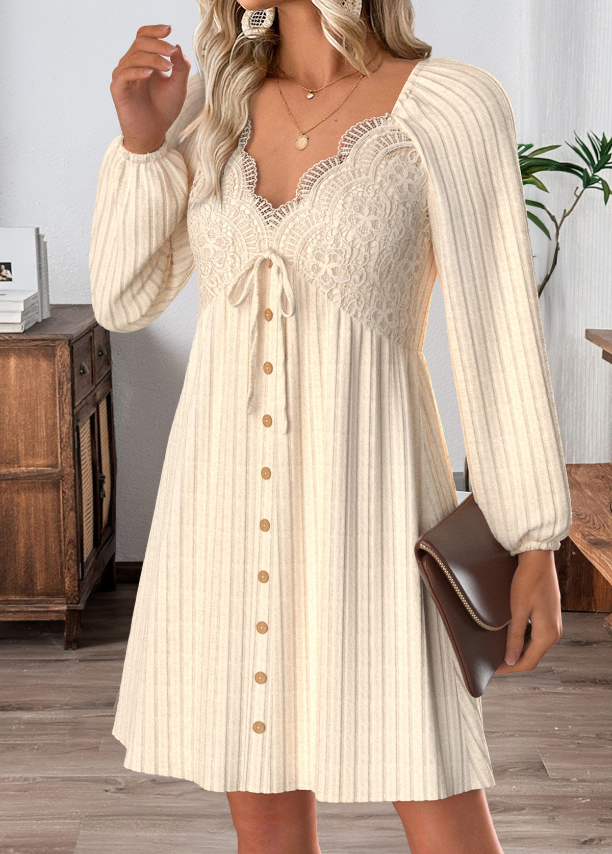Beige Tummy Coverage Short Long Sleeve V Neck Dress | picture 
