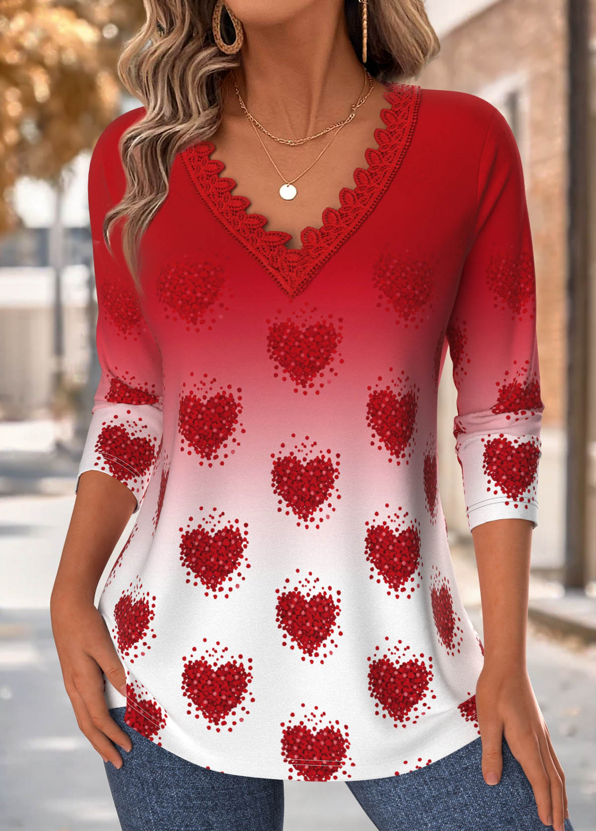 Red Tummy Coverage Heart Print Long Sleeve T Shirt | picture 