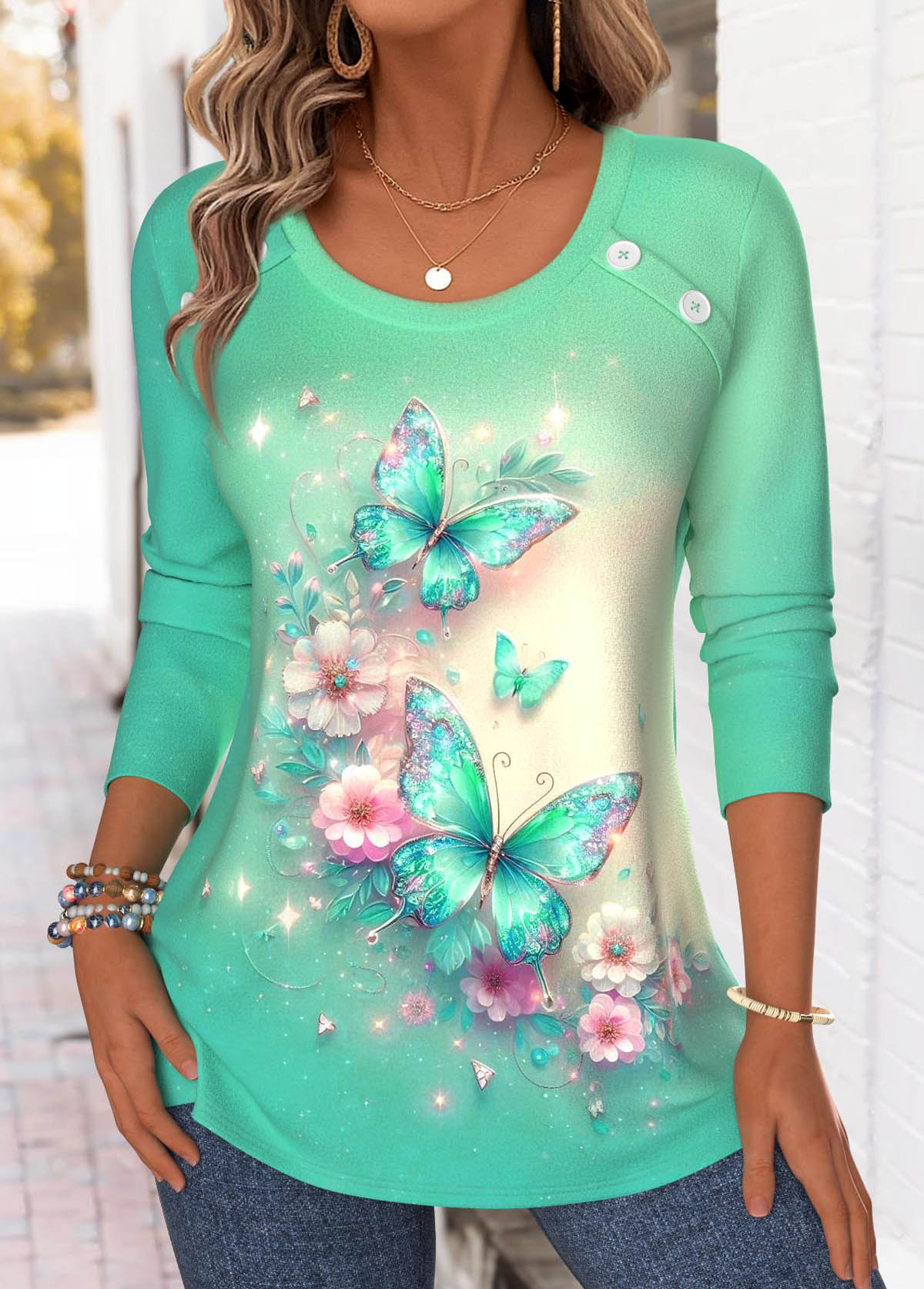 Cyan Tummy Coverage Butterfly Print Long Sleeve T Shirt | picture 