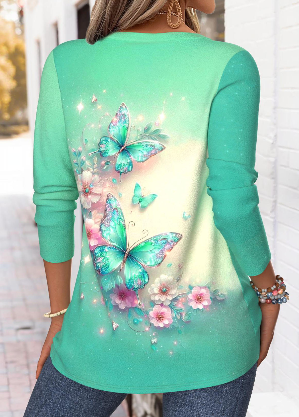 Cyan Tummy Coverage Butterfly Print Long Sleeve T Shirt | picture 